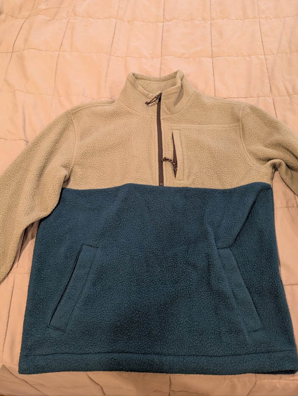 Men's Two-Tone Fleece Quarter Zip Pullover Jacket - Beige & Teal